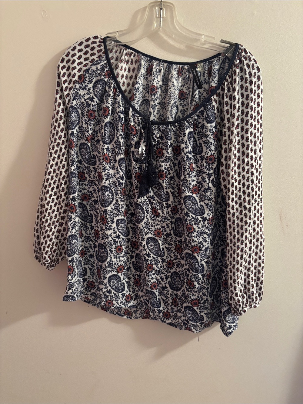 Paisley Peasant Blouse in Navy & White
